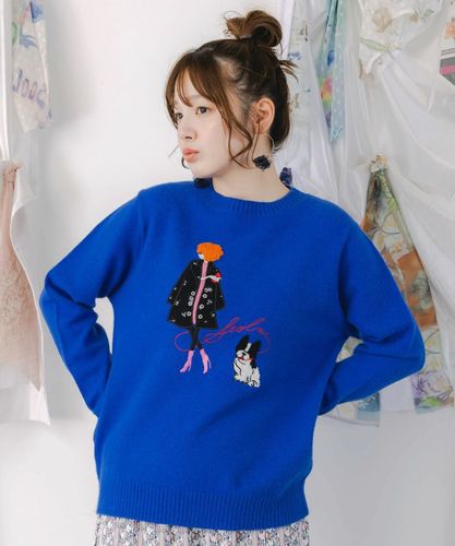購入不可あっちゃん☆BLUE綿麻オリエンタル系刺繍が可愛いプルオーバー 153638：女の子とワンちゃん刺繍アップリケ ニットプルオーバー