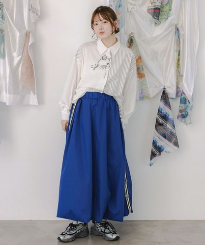 ハンドメイドつな 153655：ネコの横顔刺繍 ストライプ切替シャツの通販-ScoLar