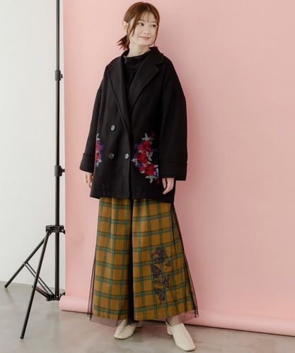 Tartan0627ページ 543262：チェック柄orメルトン風 花蝶刺繍ビッグシルエット