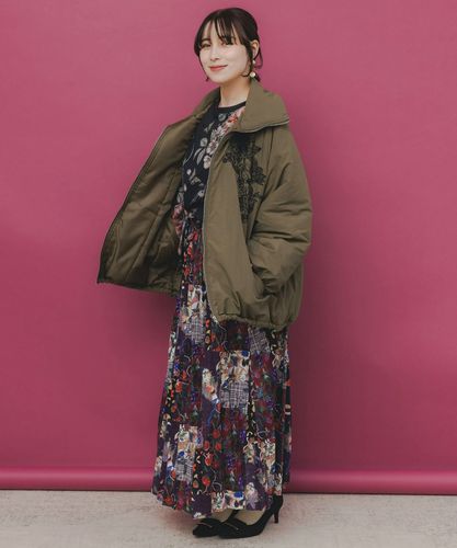 553272：ボア襟取り外し可能 花刺繍中綿ブルゾンの通販-ScoLar