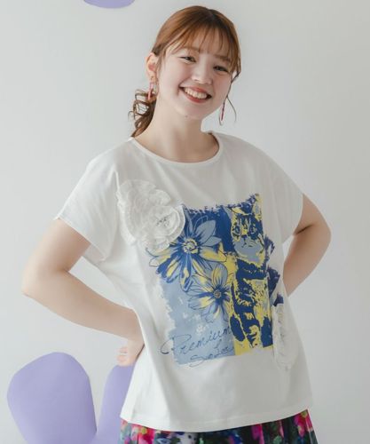 スカラー ScoLar 花ネコ柄レースTシャツ （ブラック） スカラー ScoLar 花ネコ柄レースTシャツ （ブラック