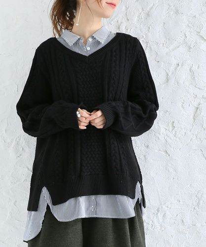 n'OrLABELシャツドッキングケーブル編みニット』