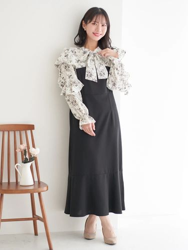 花柄ボウタイドッキングワンピース（大きいサイズ・ぽっちゃり女子向け