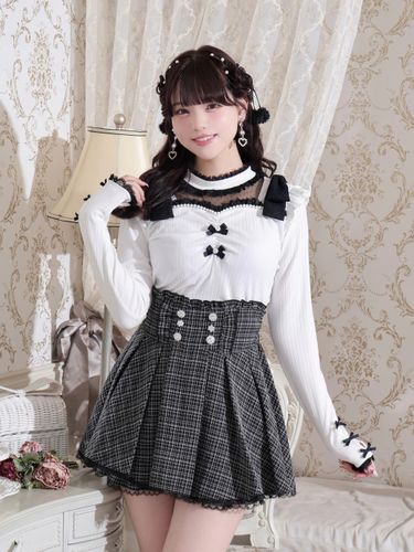 00s 希少 TRALALA 肩リボン&はしごリボンレースアップフリルカットソー リボンストラップヨークフリルカットソー（カットソー・Tシャツ｜オフ
