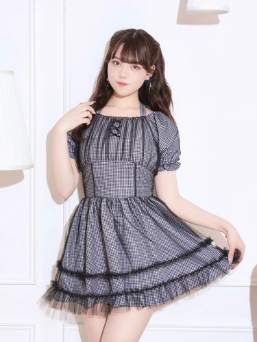 肩リボンフリルキャミワンピース（ミニワンピース｜A柄・B柄・黒