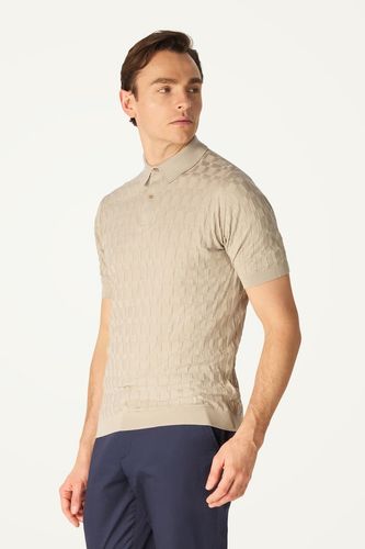 新品 John Smedley SILAS ベージュ ポロシャツ John Smedley for DAKS ハウスストライプポロシャツ B52M161766｜DAKS