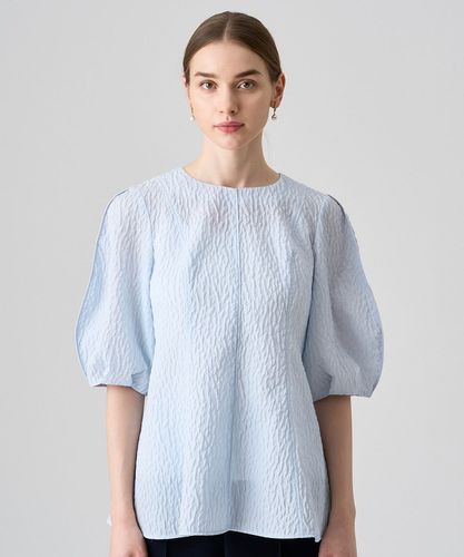 ANAYI  ふくれジャガードパフ袖ペプラムブラウス NAVY/36 10241713020_2de59181d14820b8e1