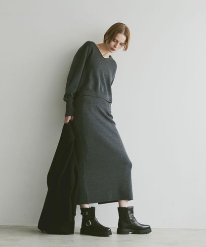 極美品　レリアン　13+ アンゴラ　カシミア　ウール　セットアップ　スカート レリアン スカートセットアップ Lサイズ 紺地 紫×茶色 チェック