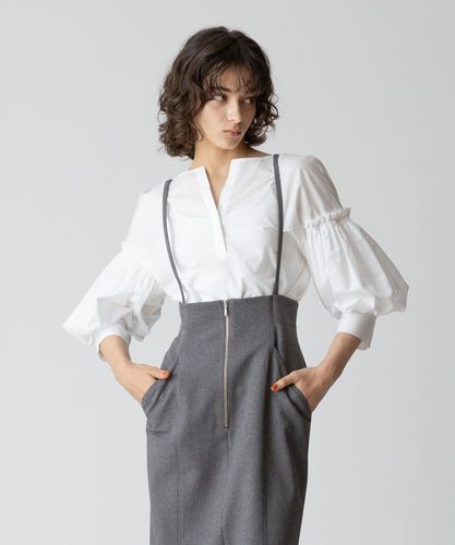 美品　HEREIAM ギャザースリーブブラウス　白 プレミアムダブルクロスギャザースリーブブラウス(ホワイト