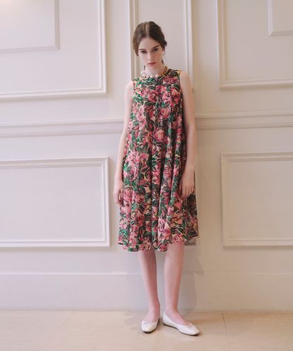 ブラウン フラワープリント ノースリーブ ロングワンピース フラワープリントギャザーワンピース ノースリーブワンピース