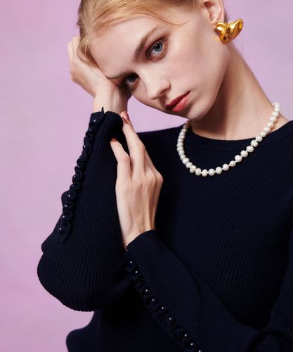 LOULOU WILLOUGHBY】バイカラーキーネック5分袖カーディガン