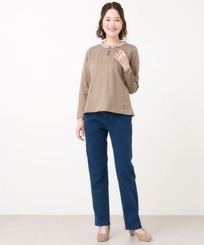 45R 藍ざっくりネルのフリルTシャツ（長袖） レディース フリル襟 長袖 Tシャツ通販 [0102-65212] - クロコダイル