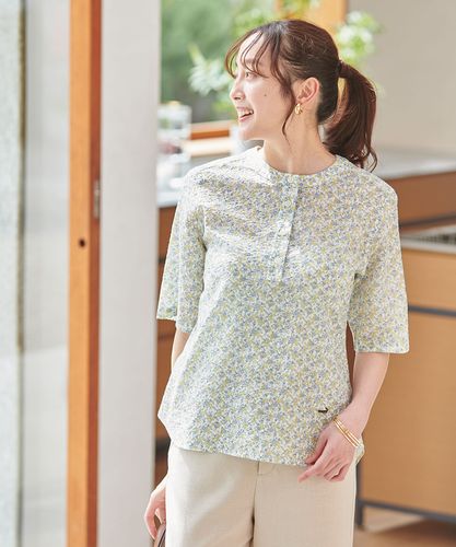 クロコダイル ブラウス【LL】花柄 グリーン ふんわり ゆったり 新品✨ レディース 花柄サッカー バンドカラー ブラウス【オンライン
