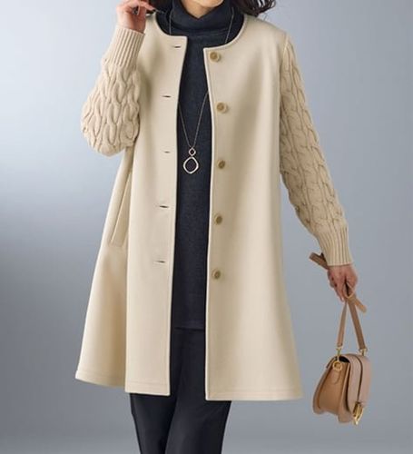 美品　イーセンセーション　異素材切替　変形ニット　ウールコート　バルーン　F 美品 イーセンセーション 異素材切替 変形ニット ウールコート