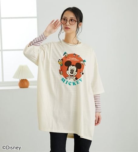 Disney＞【ミッキー】総柄プリントボックスシルエットTシャツ