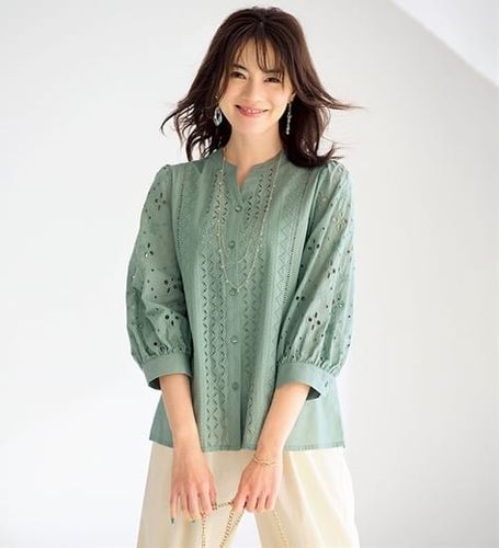美品♡アナイ 定価2万円 ダブルクロス袖レースブラウス♡グリーン セール】 【kazumi×Samansa Mos2】袖レース前後着ブラウス（オフ