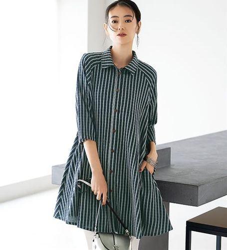 綿麻ボイルワッシャー素材ステッチ使いチュニックワンピース