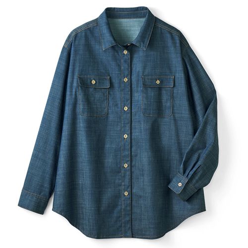 野川染織工業 藍染まめ刺し子織りのスタンドカラーシャツ | ライト