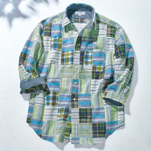 HD Style パッチワーク風・マドラスチェック七分袖シャツ | ライト