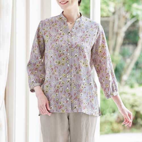 岩部保多織本舗 婦人用スタンドカラー・ギャザーブラウス | ライト