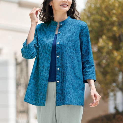 B579/美品 壺草苑 ロングシャツ リネン 天然藍灰汁発酵建 藍染め 総柄 壺草苑 天然藍染・リネンシャツジャケット | ライトアップオンラインストア