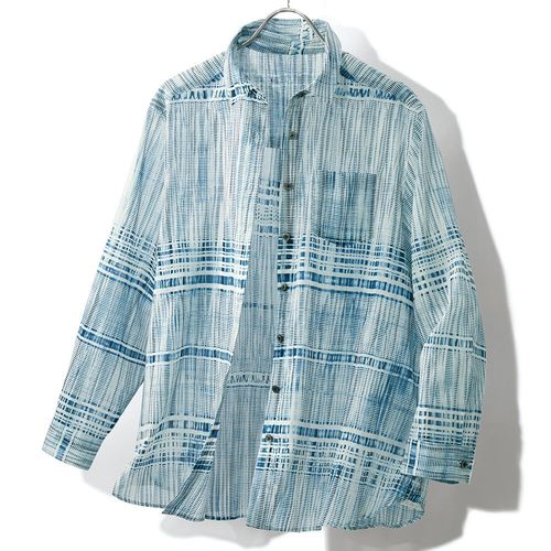 B579/美品 壺草苑 ロングシャツ リネン 天然藍灰汁発酵建 藍染め 総柄 壺草苑 天然藍染・リネンシャツジャケット | ライトアップオンラインストア