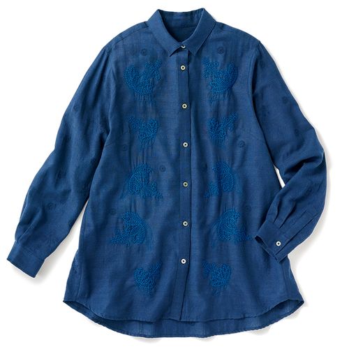 野川染織工業 藍染まめ刺し子織りのスタンドカラーシャツ | ライト