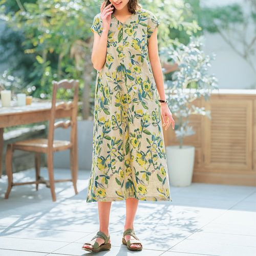 購入者様決定！小さくたたみます！数日出品リネン花柄ワンピース、羽織にも！ トモコのコットンハウス リネン花柄ワンピース | ライトアップ