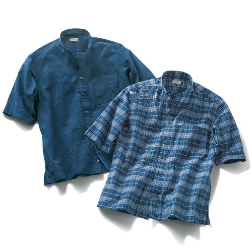 野川染織工業 藍染まめ刺子織りの七分袖スタンドカラーシャツ | ライト