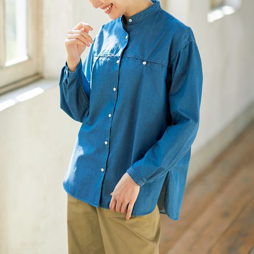 壺草苑 天然藍染・バンドカラーリネンシャツ | ライトアップオンライン