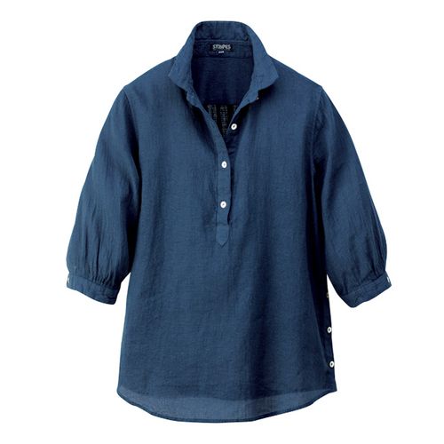 壺草苑 天然藍染・バンドカラーリネンシャツ | ライトアップオンライン