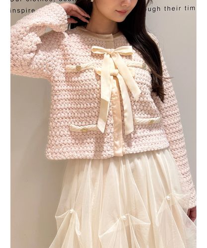リランドチュール新品マリベルコラボ シャイニーニットジャケット2Mオフ白 WEB LIMITED]〈MARIEBELLEコラボ〉Ribbon Shiny Knit Jacket | カーデ