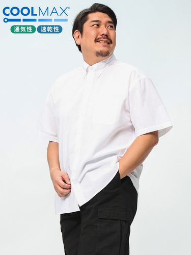 半袖 シャツ COOLMAX リネン混 ポケット付き ボタンダウン トップス