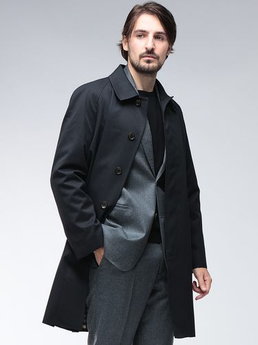Aquascutum コットン 裏地チェック トレンチ ステンカラーコート 黒 Aquascutum (アクアスキュータム) 総裏チェック シングルボタン