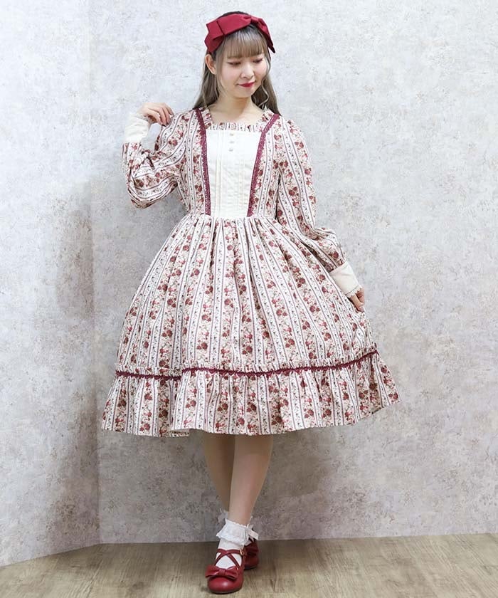 ストライプローズ柄ワンピース | レディース服・レディース