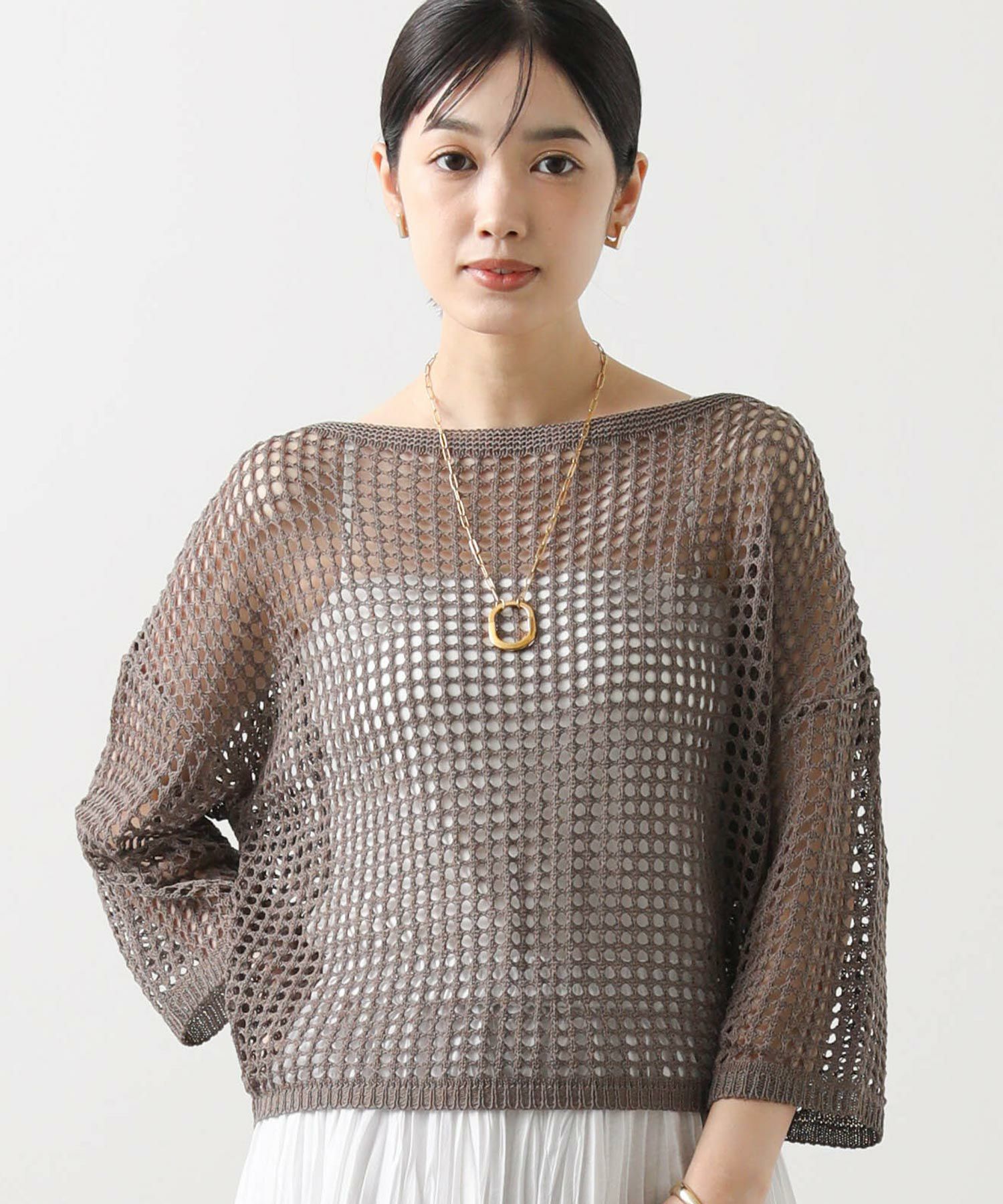 大人女性の Gready Brilliant麻混メッシュ別布リボンスリーブニット トップス