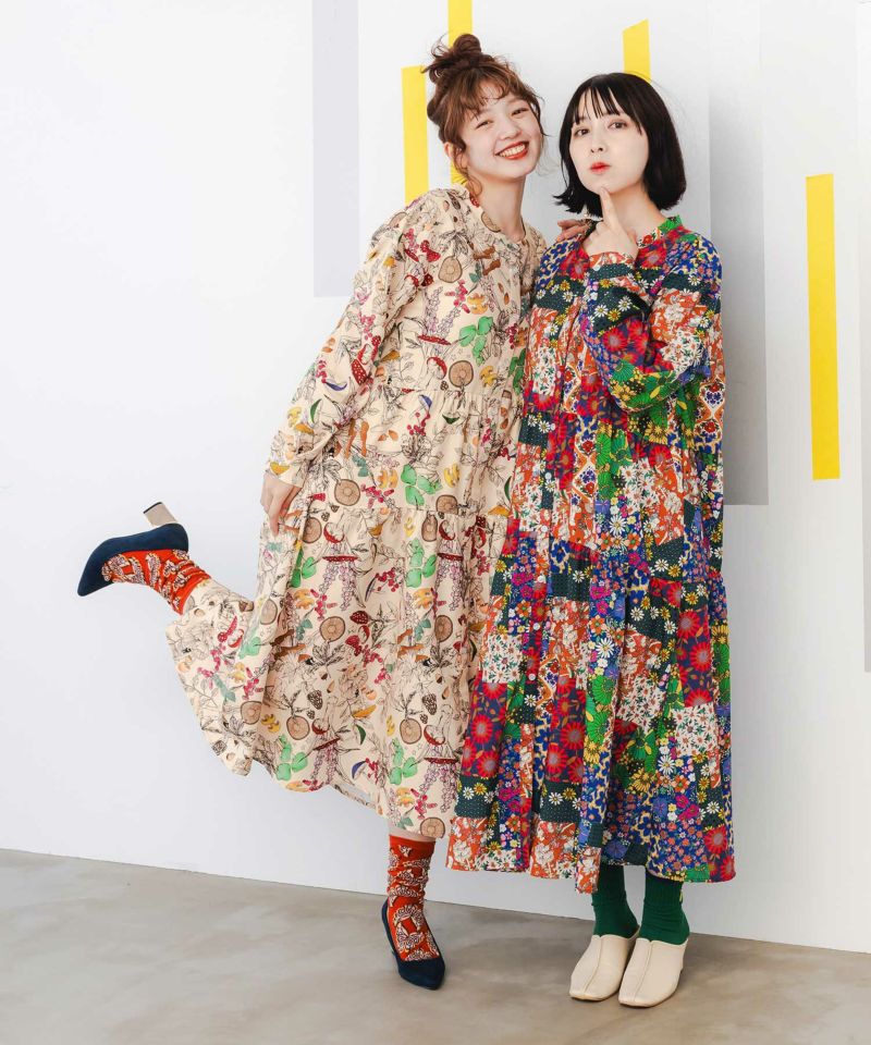 143644：キノコの森or花柄パッチワーク風 2柄展開ワンピースの