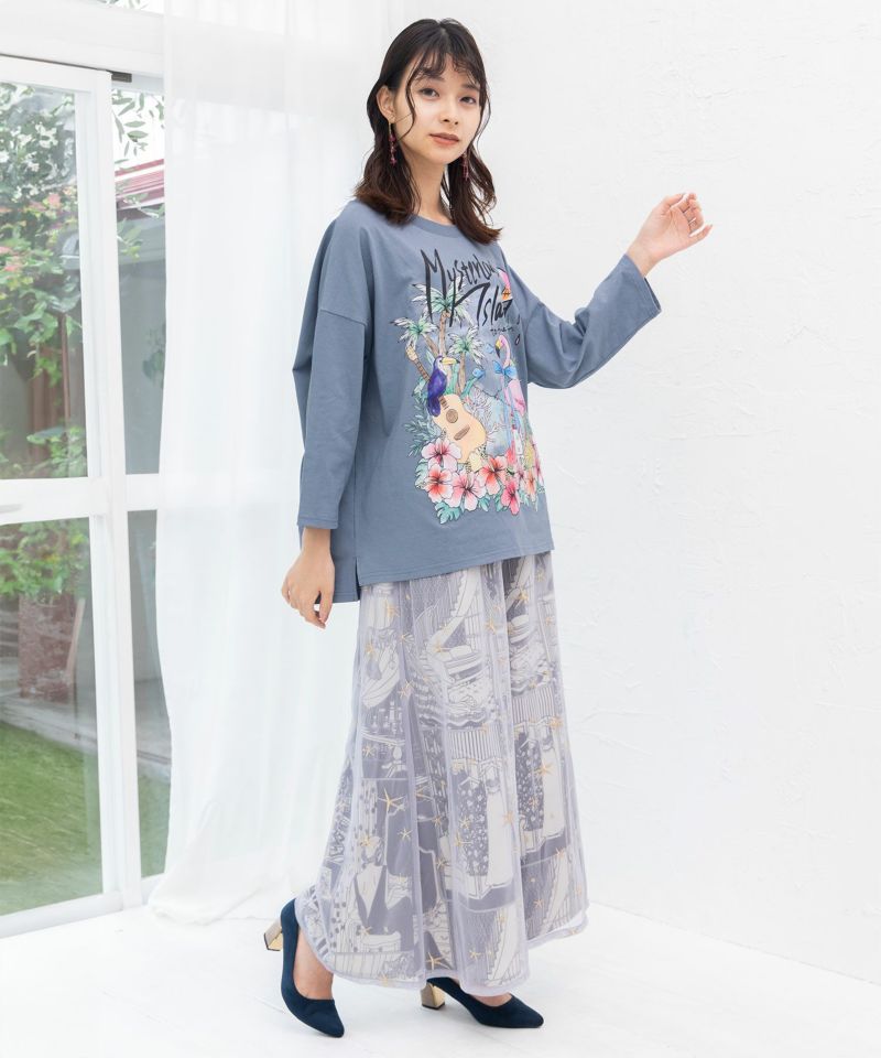 143676：花と鳥たちの楽園プリント 8分袖Tシャツの通販-ScoLar