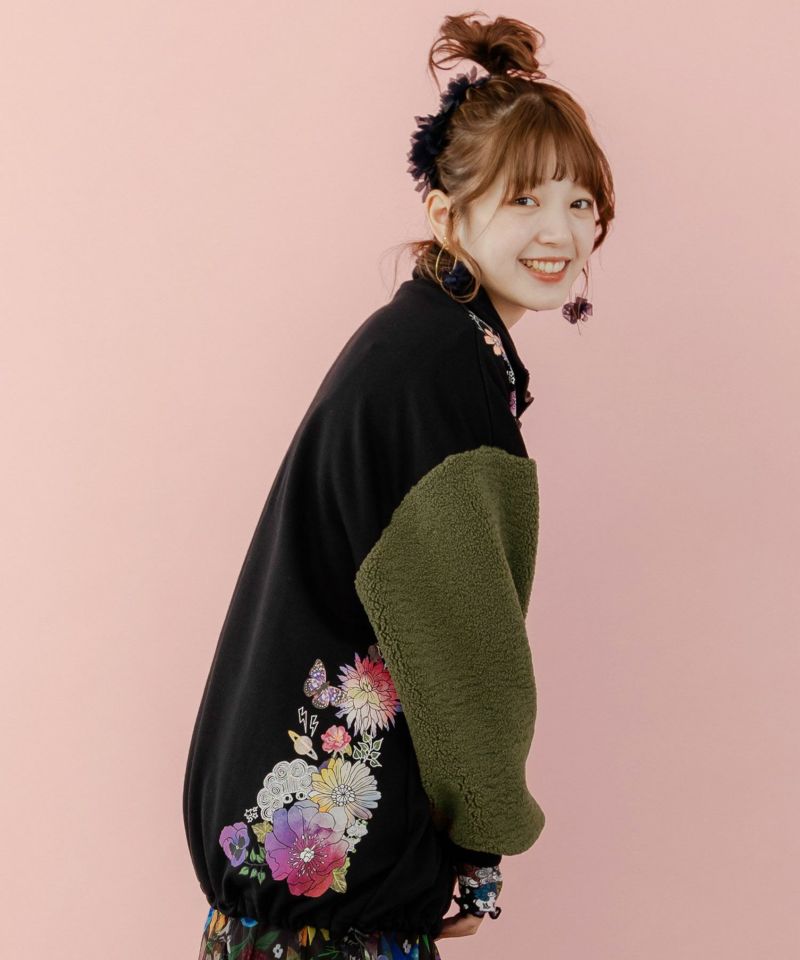 143724：花柄ボア切替ハーフジップ 裏毛プルオーバーの通販-ScoLar