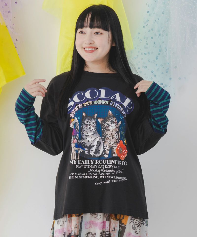 スペシャル特典 143773：ネコ柄ボーダー切替ロングスリーブTシャツの通販-ScoLar Tシャツ(長袖/七分)