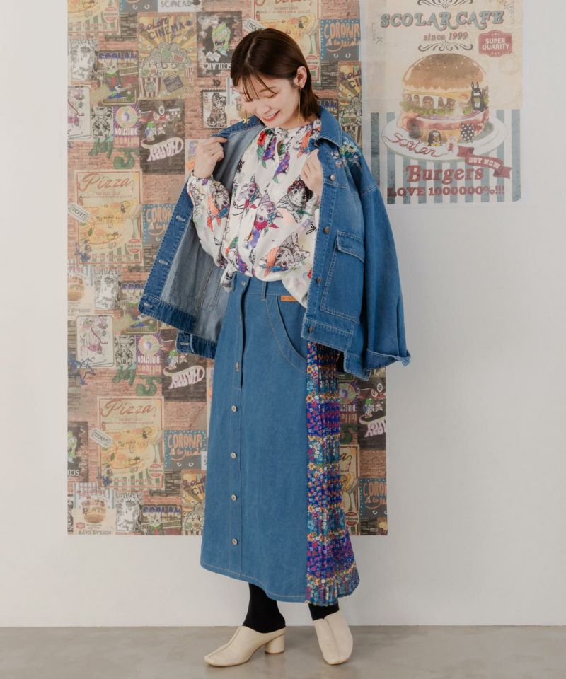 151633：ターバンネコのお花屋さん柄 ノーカラーシャツの通販-ScoLar