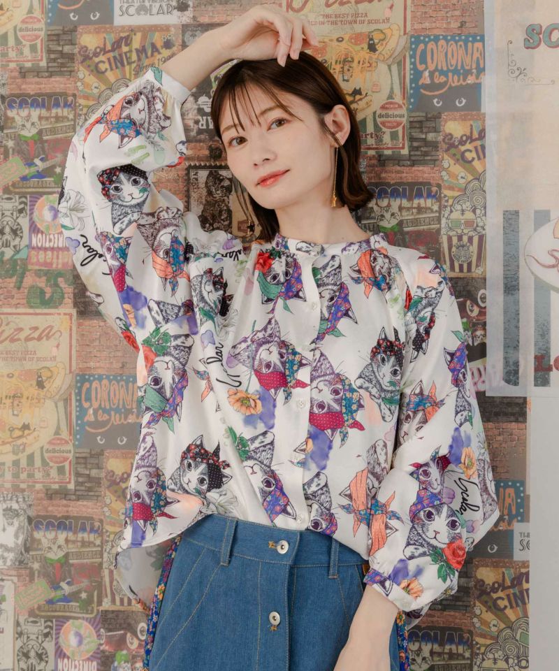 ScoLar - Scolar ターバンネコのお花屋さん柄 ノーカラーシャツ 151633：ターバンネコのお花屋さん柄 ノーカラーシャツの通販-ScoLar