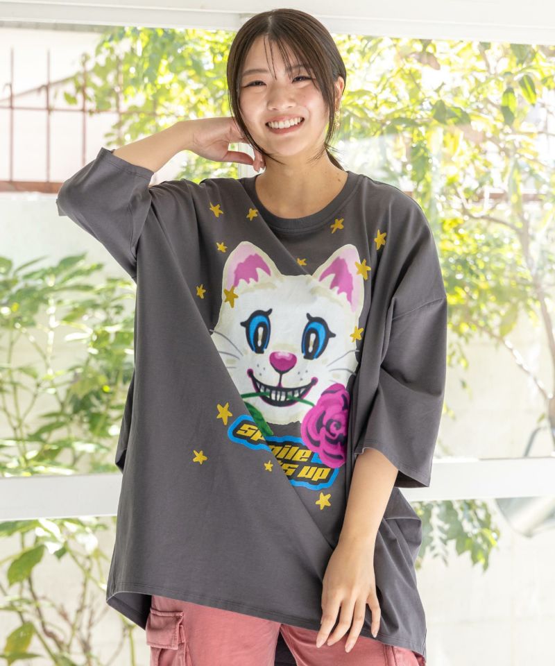 【限定セール！】 151642：バラをくわえたネコ柄 ラメプリントチュニックの通販-ScoLar トップス