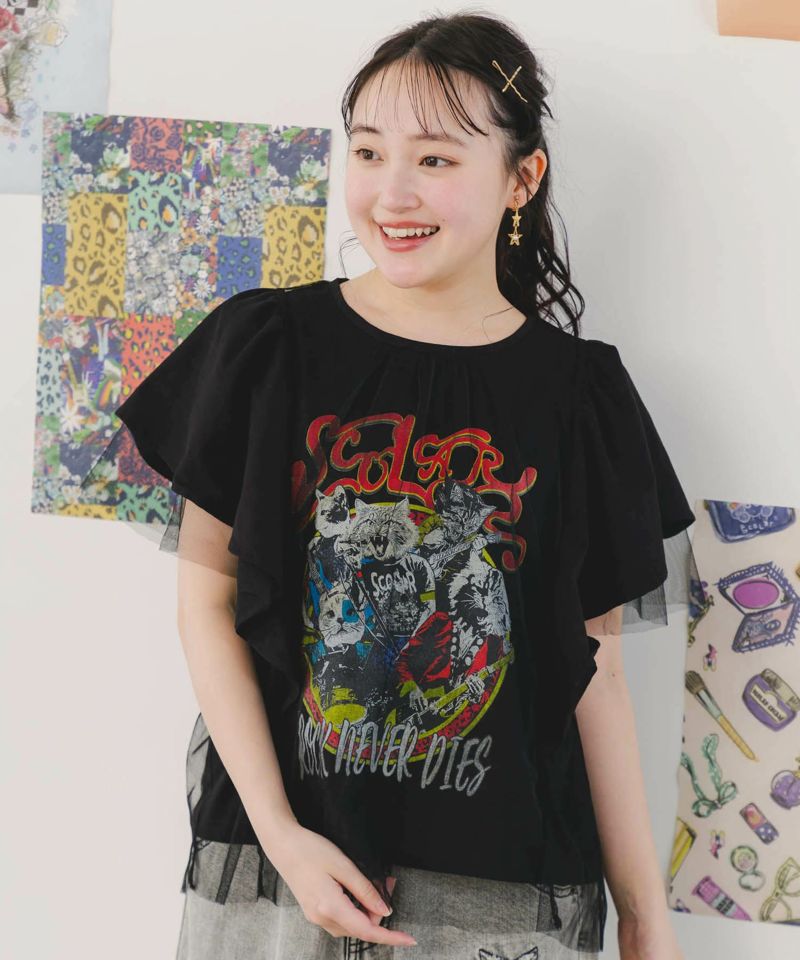 選ぶなら 151670：ロックなキャッツ柄 チュール重ねTシャツの通販-ScoLar トップス