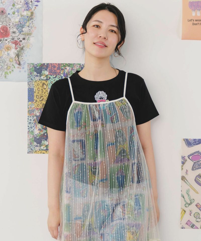 151684：ラビル・ネコ・スカラー刺繍 クリアポーチ付Tシャツの