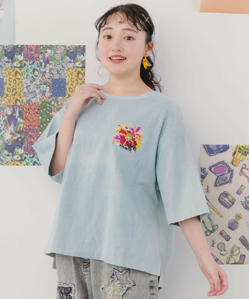 ScoLar - Scolar ぷりぷりキノコとネコ花刺繍 デニムTシャツ 151687：ぷりぷりキノコとネコ花刺繍 デニムTシャツの通販-ScoLar
