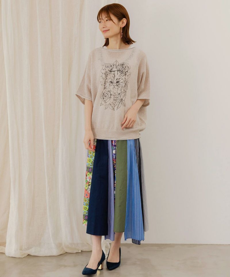スカラー152609：ネコ柄麻混ニット 2WAYカーディガン 152609：ネコ柄麻混ニット 2WAYカーディガンの通販-ScoLar