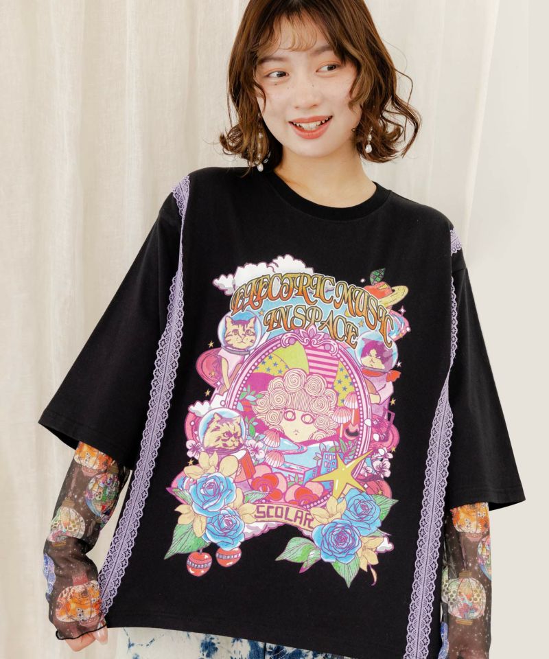 152625：スカラーちゃん×宇宙ネコ柄 レース叩き付けTシャツの