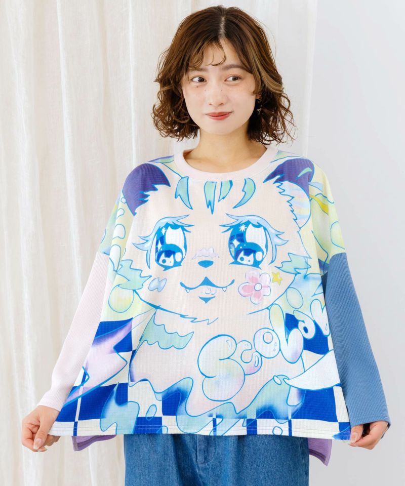 tシャツ 152633：アニメなネコ柄 バイカラー7分袖プルオーバー レディース 152633：アニメなネコ柄 バイカラー7分袖プルオーバーの通販-ScoLar