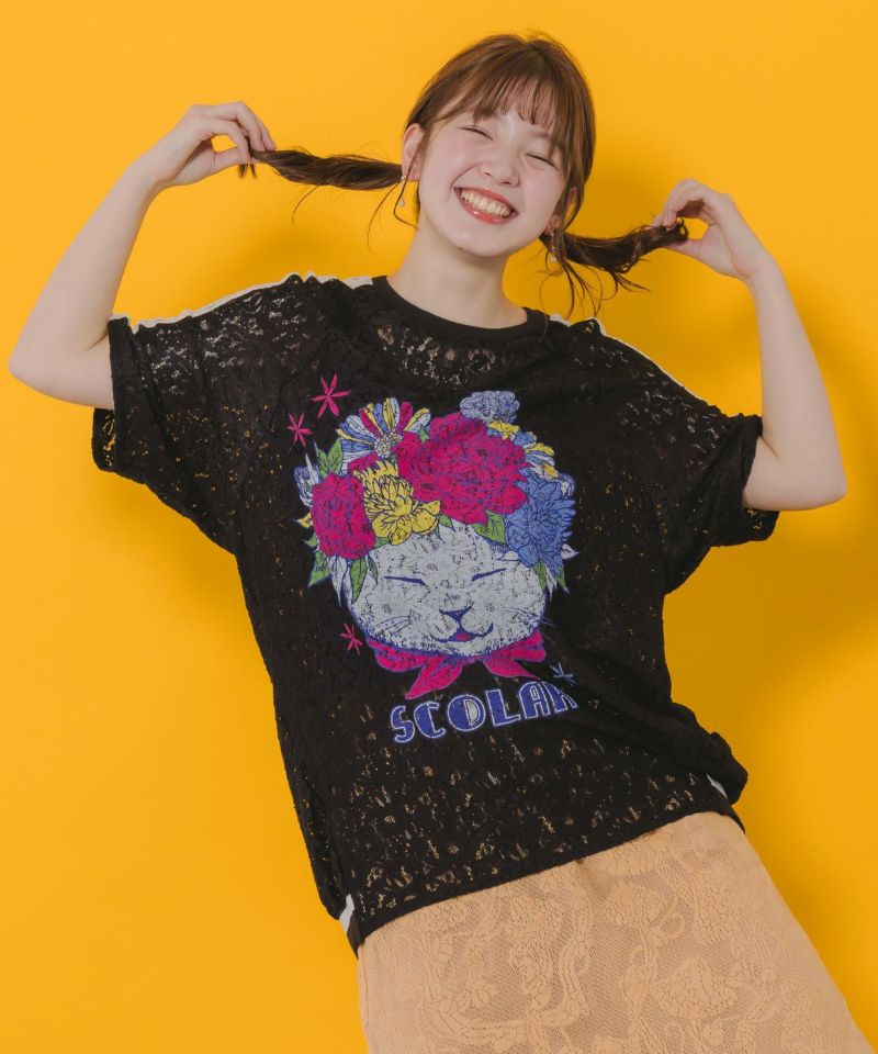 スカラー152648：花ネコ柄レースTシャツ 152648：花ネコ柄レースTシャツの通販-ScoLar
